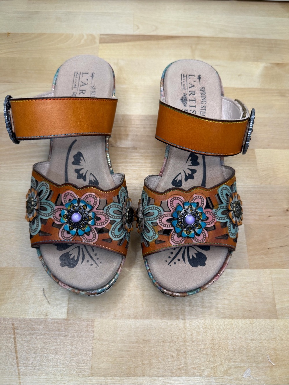 L'ATISTE Floral Embellished Tan Wedge Sandals Boho